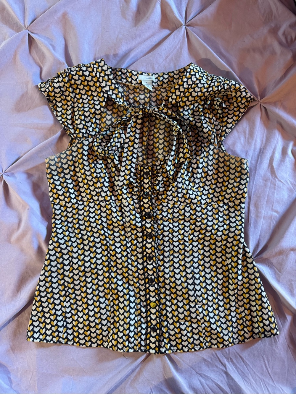 Odille Black, Cream & Mustard Heart-Print Bow Tie Blouse